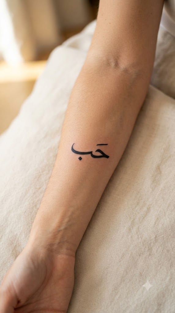 Hubb (love) in Thuluth Arabic calligraphy tattoo on forearm