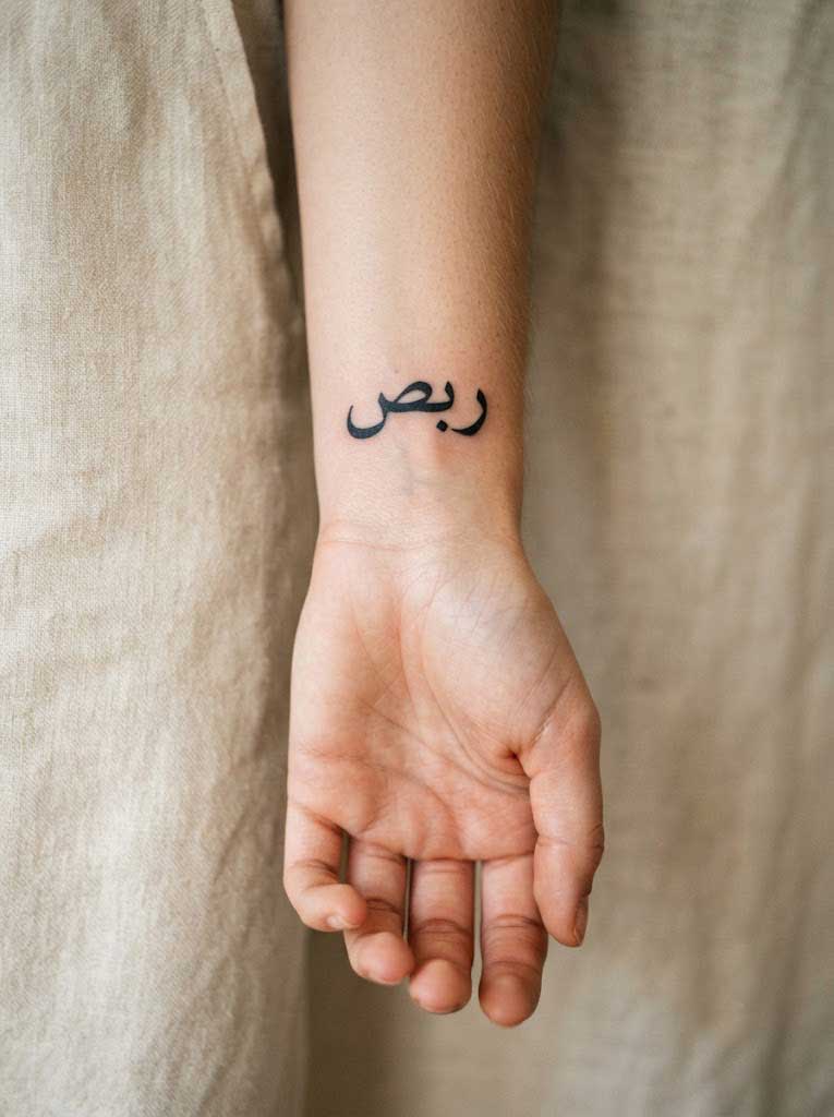 Sabr (patience) in Naskh Arabic calligraphy tattoo on wrist