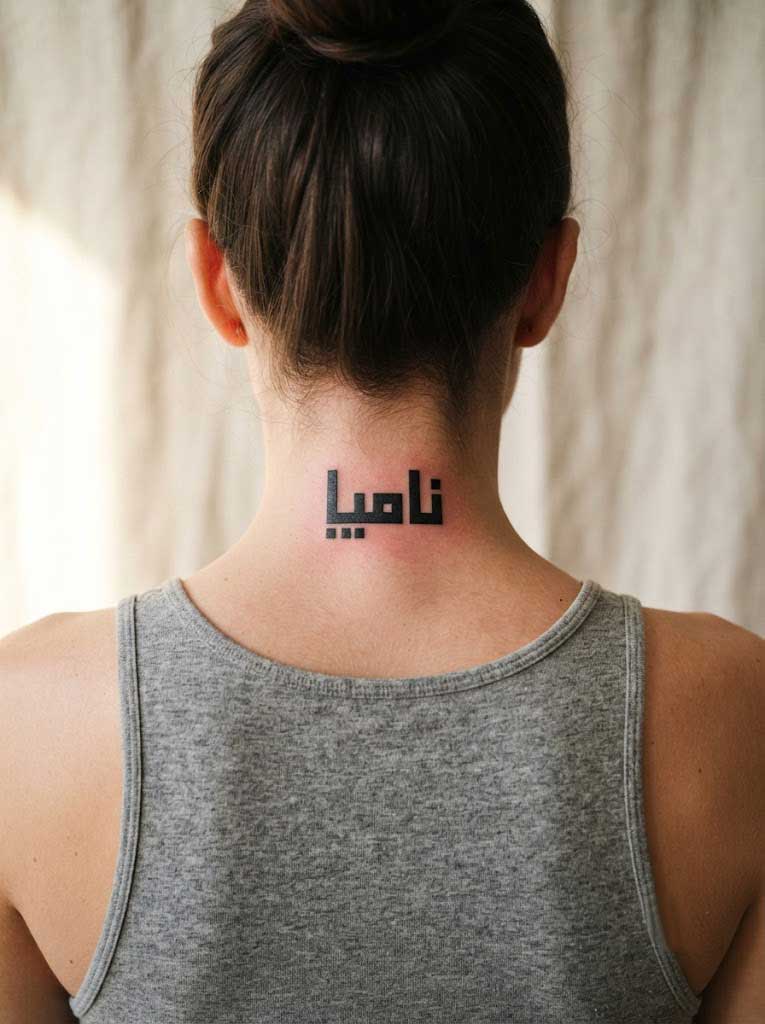 Iman (faith) in Kufic Arabic calligraphy tattoo on nape of neck