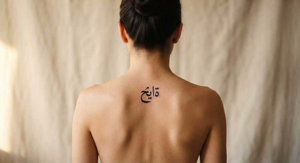 Hayat (life) in Nastaliq Arabic calligraphy tattoo on spine