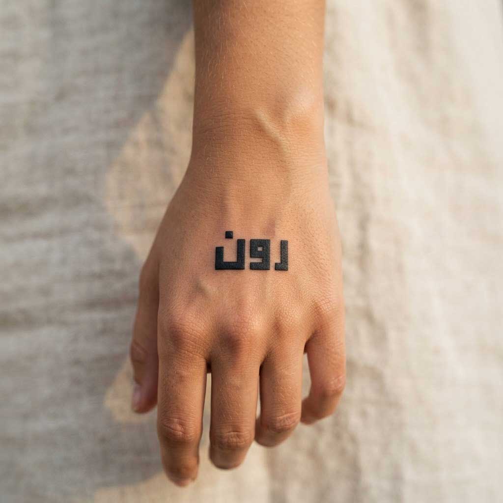 Nur (light) in Kufic Arabic calligraphy tattoo on back of hand