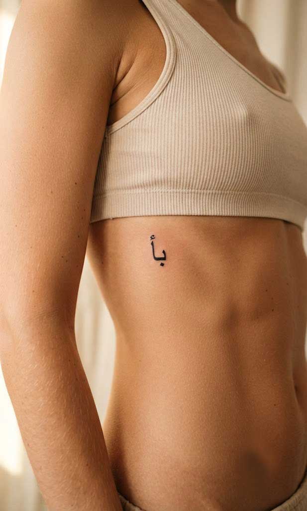Ab (father) in Naskh Arabic calligraphy tattoo on ribcage