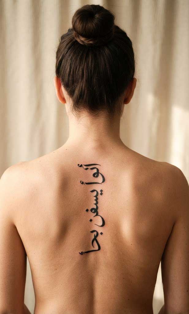 I love myself first Arabic tattoo in Thuluth calligraphy on spine