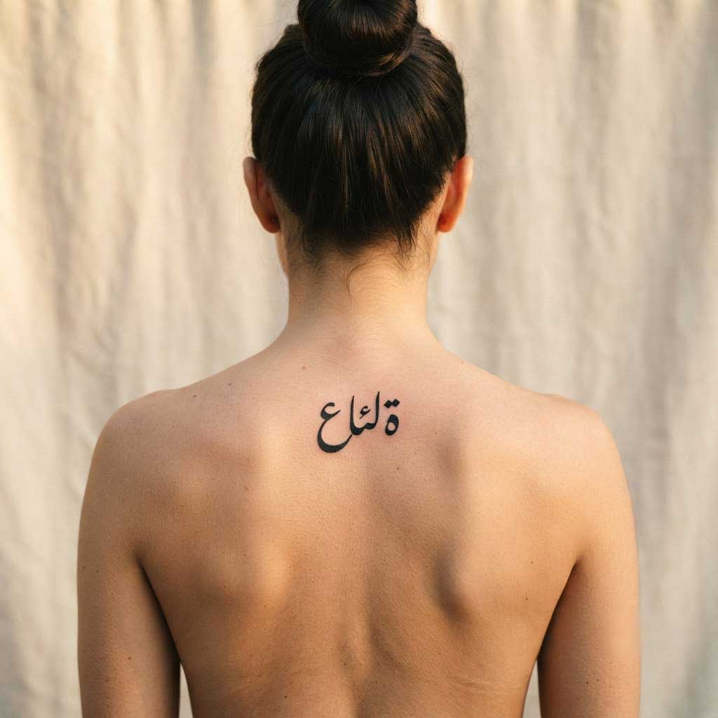 Aila (family) in Nastaliq Arabic calligraphy tattoo on upper back