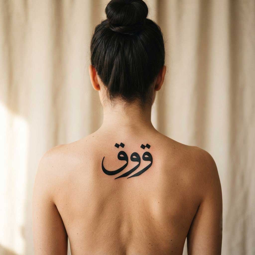 Quwwa (strength) in Thuluth Arabic calligraphy tattoo on back