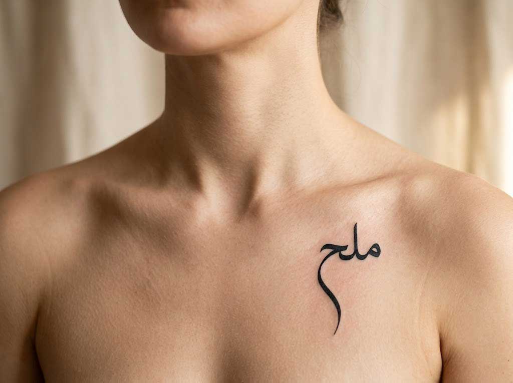 Hulm (dream) in Nastaliq Arabic calligraphy tattoo on collarbone