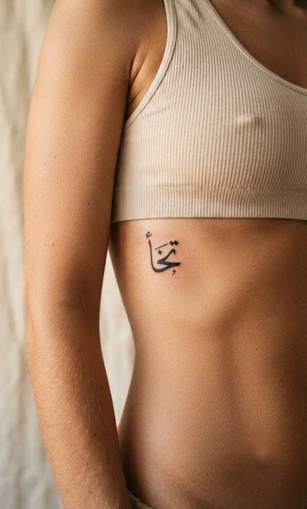 Ukht (sister) in Thuluth Arabic calligraphy tattoo on ribcage