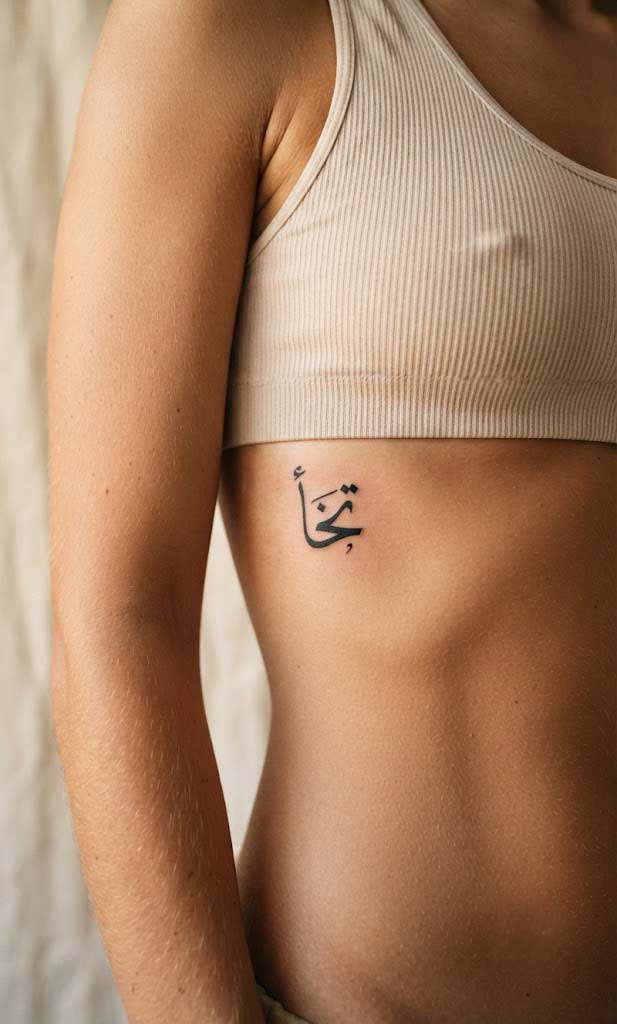Akh (brother) in Naskh Arabic calligraphy tattoo on forearm