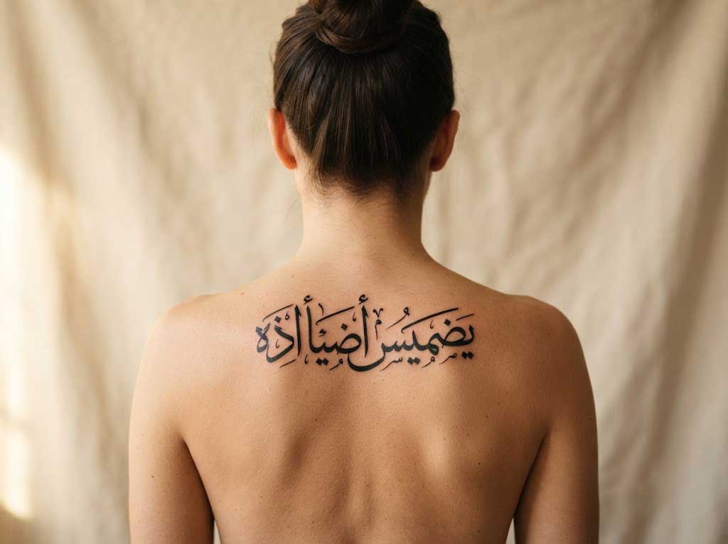 Arabic poetic quote in Diwani calligraphy tattoo on back